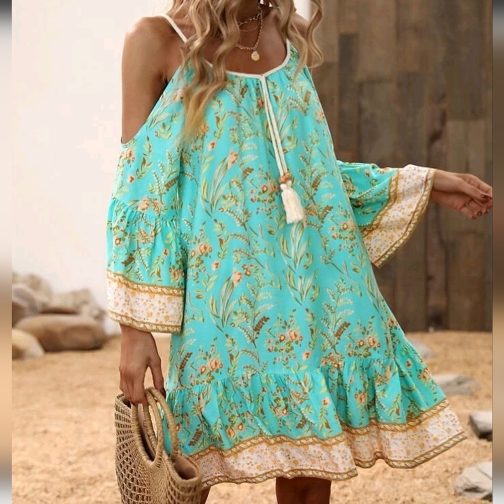 Floral Print Cold Shoulder Tassel Trim Ruffle Hem Dress - Picture 3 of 7